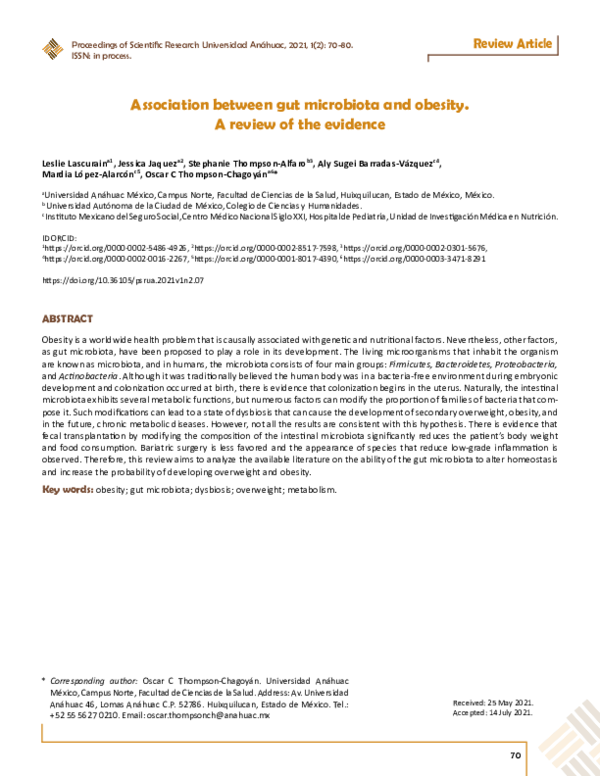 (PDF) Association between gut microbiota and obesity. A review of the ...