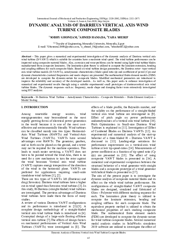 (PDF) Dynamic Analysis of Darrieus Vertical Axis Wind Turbine Composite ...