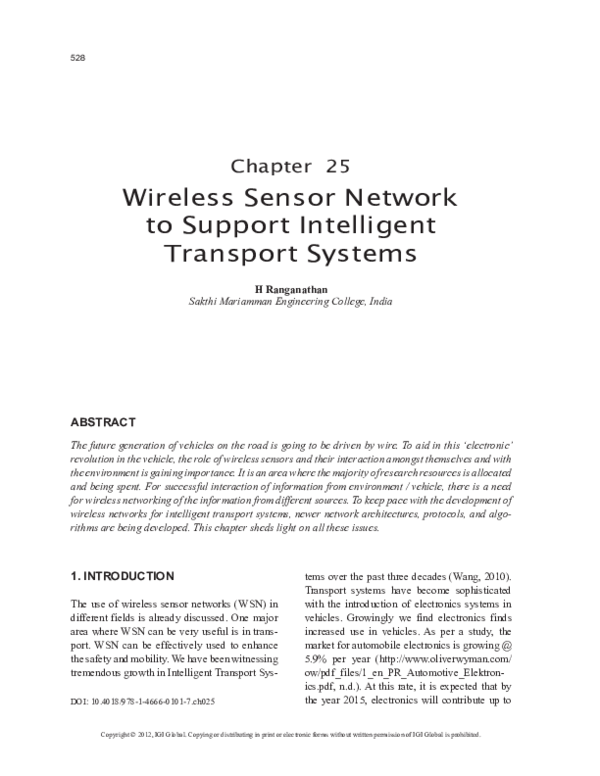 (PDF) Wireless Sensor Network to Support Intelligent Transport Systems