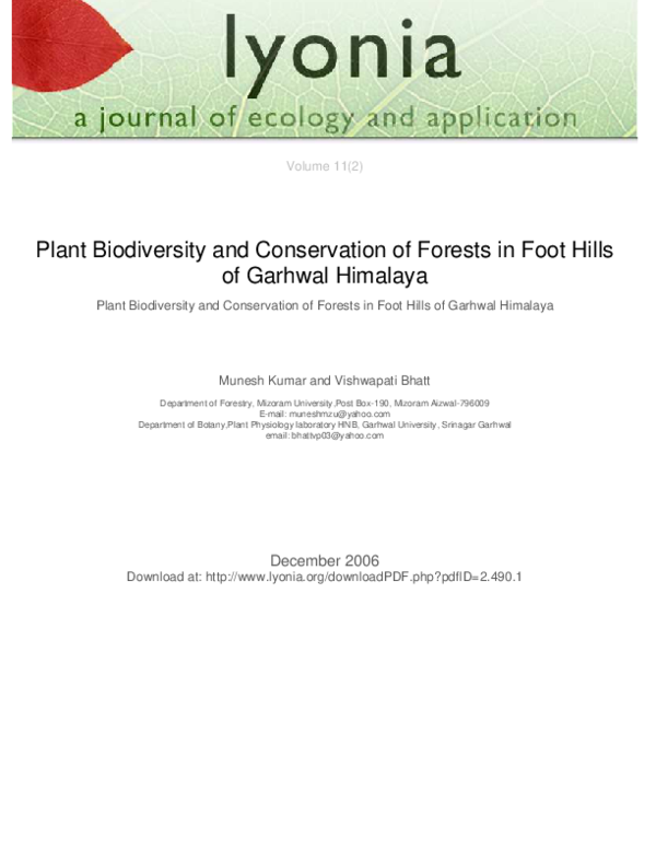 (PDF) Plant Biodiversity and Conservation of Forests in Foot Hills of ...