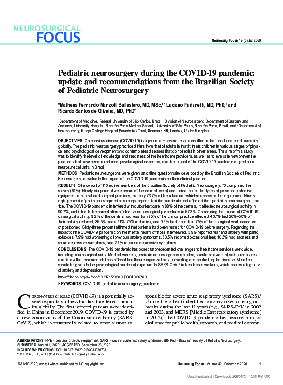 (PDF) Pediatric Neurosurgery during COVID-19 pandemic: where we are now ...