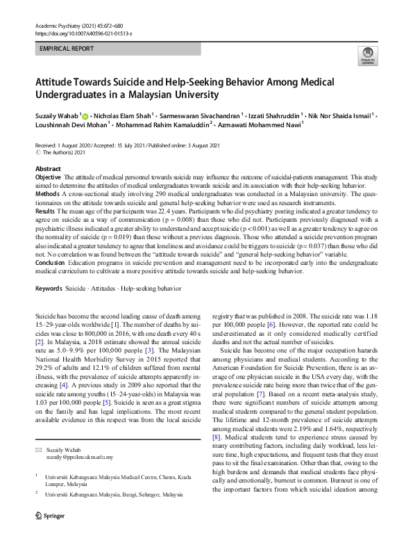 (PDF) Attitude Towards Suicide and Help-Seeking Behavior Among Medical ...
