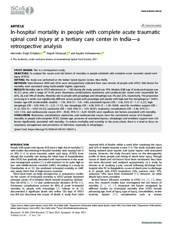 (PDF) In-hospital mortality in people with complete acute traumatic ...