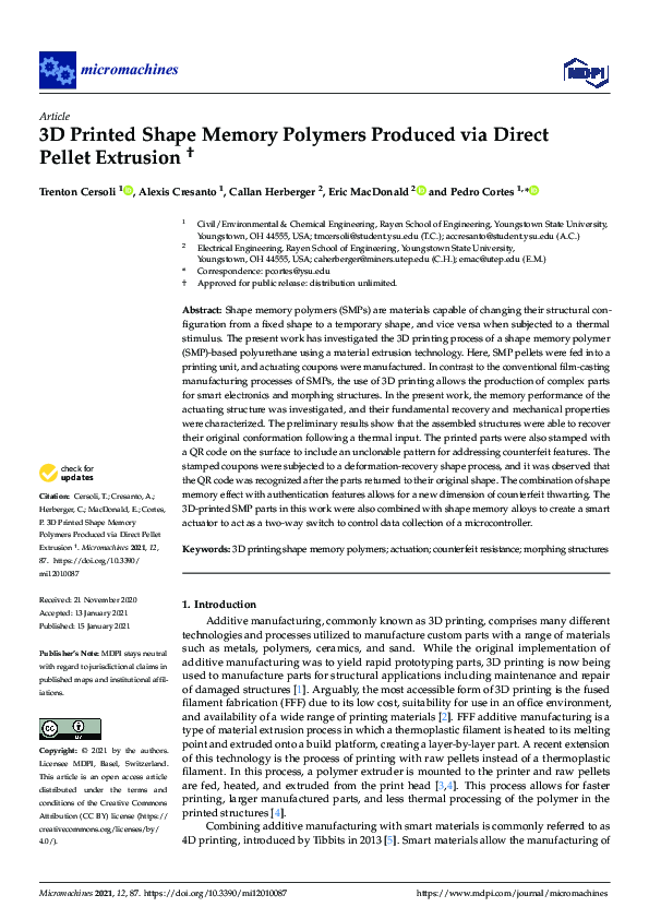(PDF) 3D Printed Shape Memory Polymers Produced via Direct Pellet Extrusion