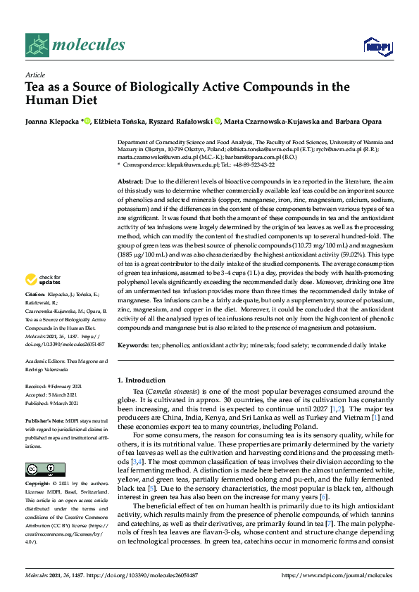 (PDF) Tea as a Source of Biologically Active Compounds in the Human Diet