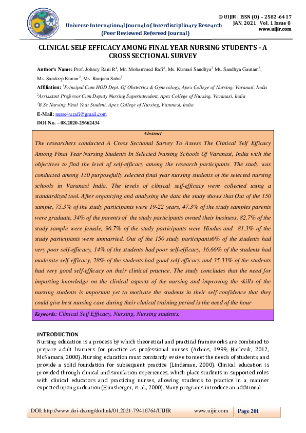 (PDF) CLINICAL SELF EFFICACY AMONG FINAL YEAR NURSING STUDENTS -A CROSS ...