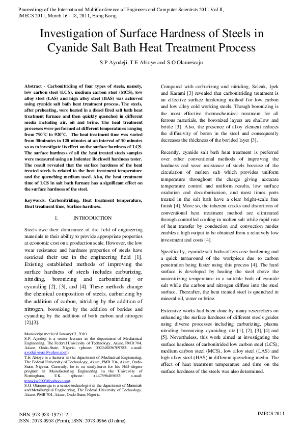 (PDF) Investigation of Surface Hardness of Steels in Cyanide Salt Bath