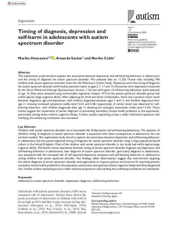 (PDF) Timing of diagnosis, depression and self-harm in adolescents with ...