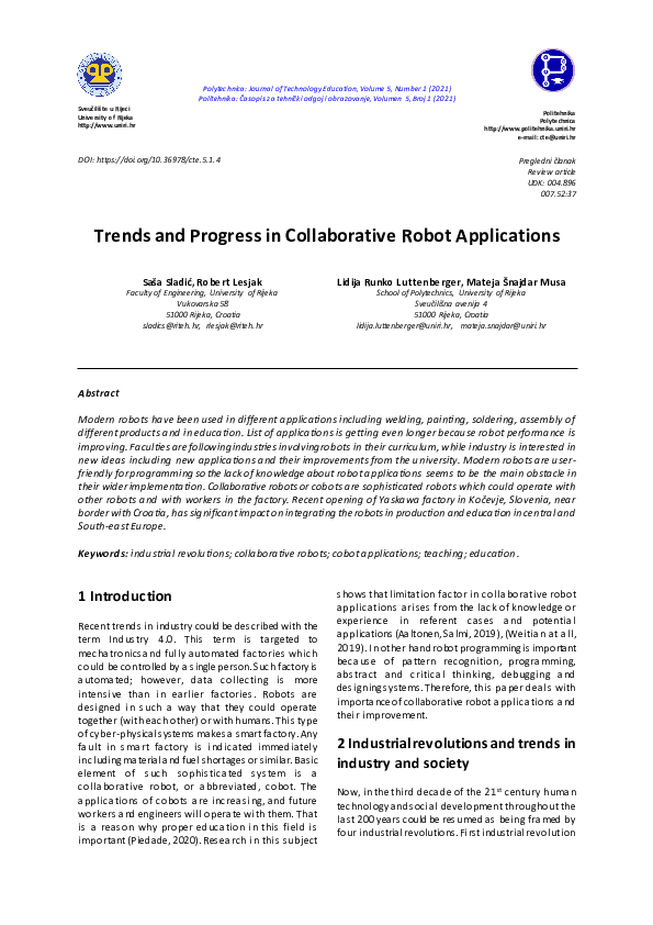 (PDF) Trends and Progress in Collaborative Robot Applications