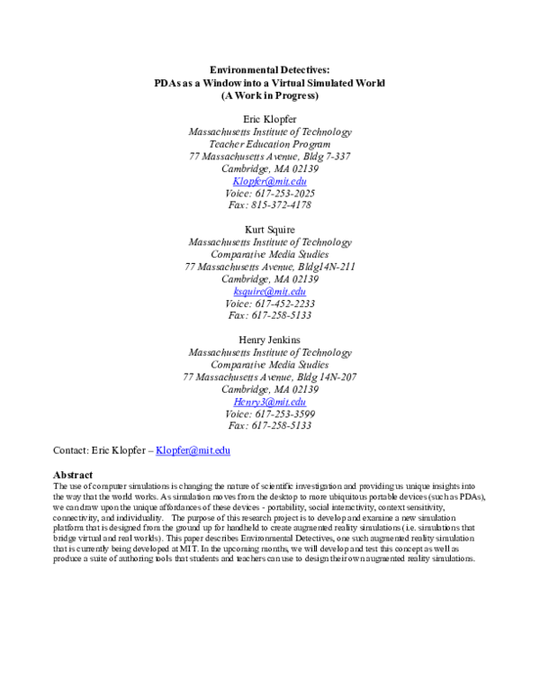 (PDF) Environmental Detectives: PDAs As a Window Into a Virtual ...
