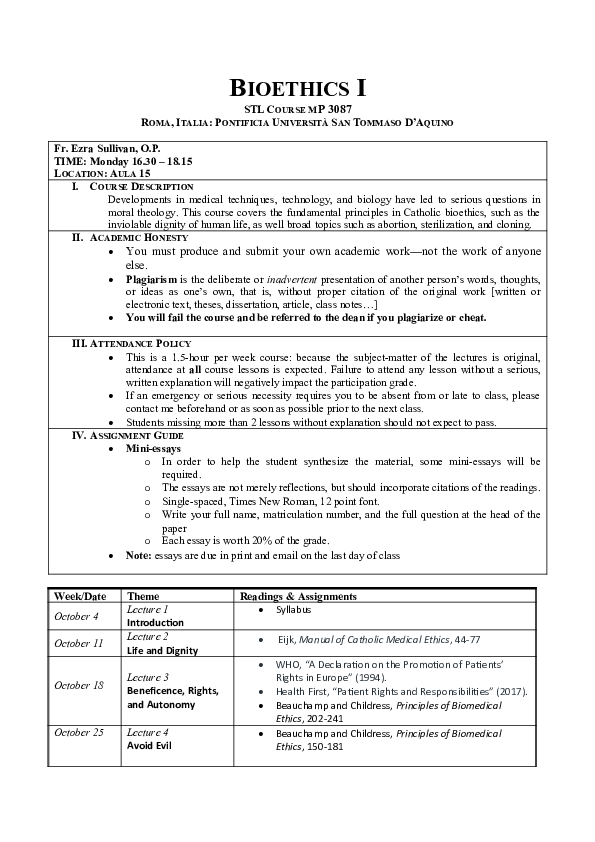 Doc Bioethics I Syllabus