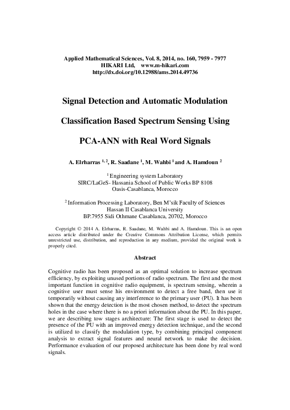 (PDF) Signal detection and automatic modulation classification based ...