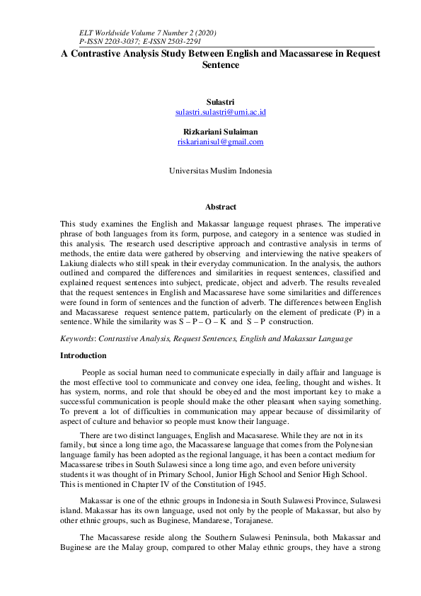(PDF) A Contrastive Analysis Study Between English and Macassarese in ...