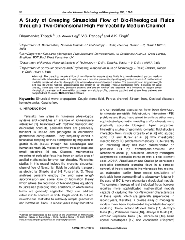 (PDF) A Study of Creeping Sinusoidal Flow of Bio-Rheological Fluids ...