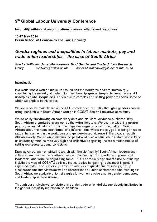 (PDF) Gender regimes and inequalities in labour markets, pay and trade ...