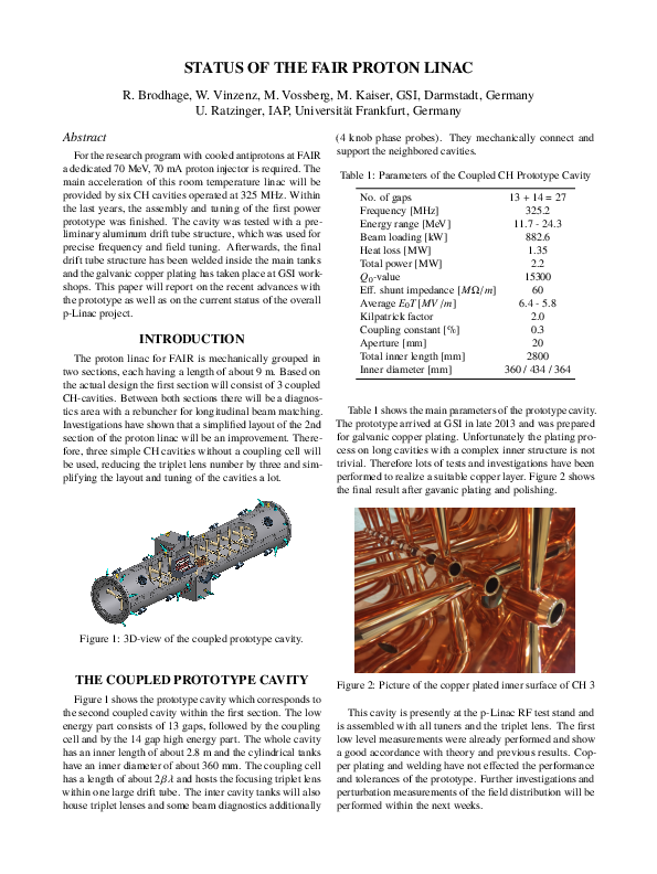 (PDF) Status of the FAIR Proton Linac