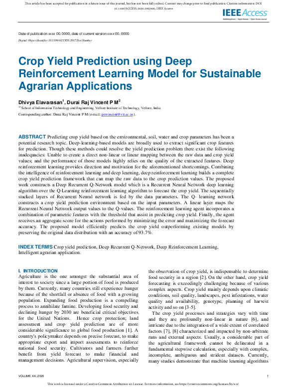 (PDF) Crop Yield Prediction Using Deep Reinforcement Learning Model for ...