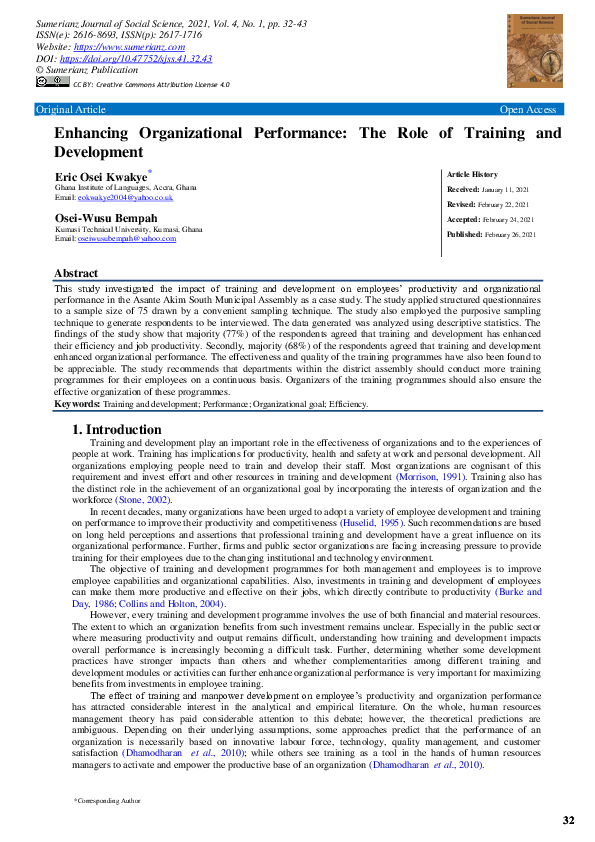 (PDF) Enhancing Organizational Performance: The Role of Training and ...