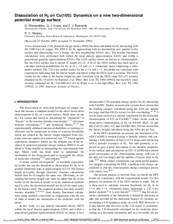 (PDF) Dissociation of H2on Cu(100): Dynamics on a new two‐dimensional ...