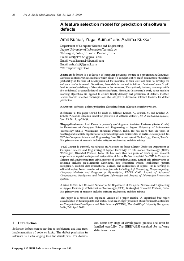 (PDF) A feature selection model for prediction of software defects