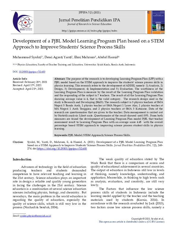 (PDF) Development of a PjBL Model Learning Program Plan based on a STEM ...