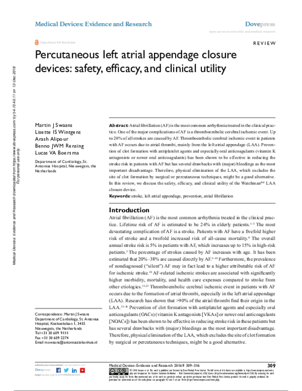(PDF) Percutaneous left atrial appendage closure devices: safety ...
