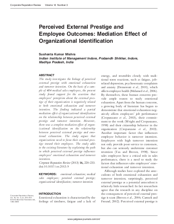 (PDF) Perceived External Prestige and Employee Mediation