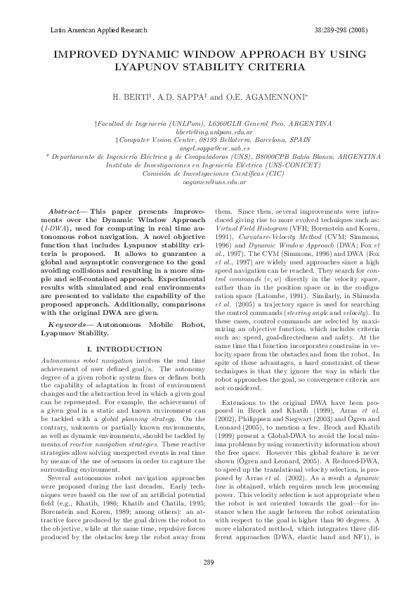 (PDF) Improved dynamic window approach by using Lyapunov stability criteria