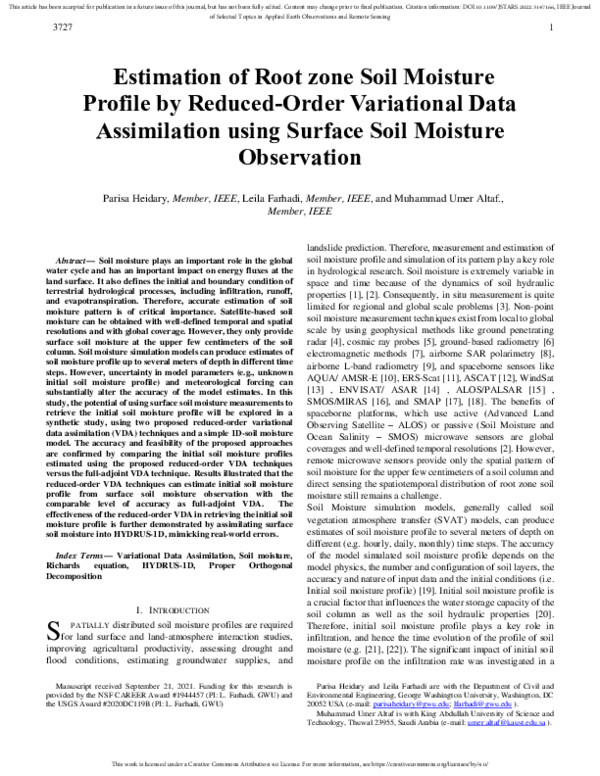 (PDF) Estimation of Root zone Soil Moisture Profile by Reduced-Order ...