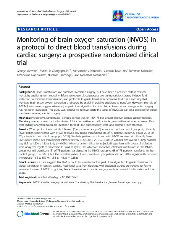 (PDF) Monitoring of brain oxygen saturation (INVOS) in a protocol to ...