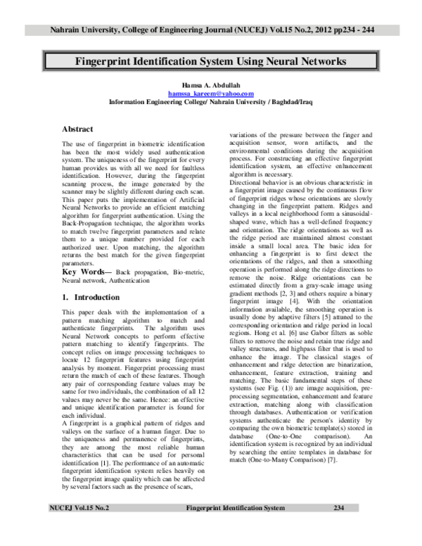 (PDF) Fingerprint Identification System Using Neural Networks