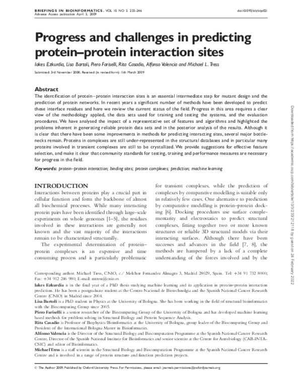 (PDF) Progress and challenges in predicting protein-protein interaction ...