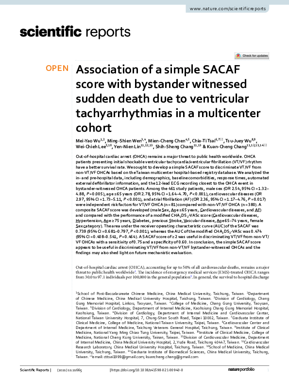 (PDF) Association of a simple SACAF score with bystander witnessed ...