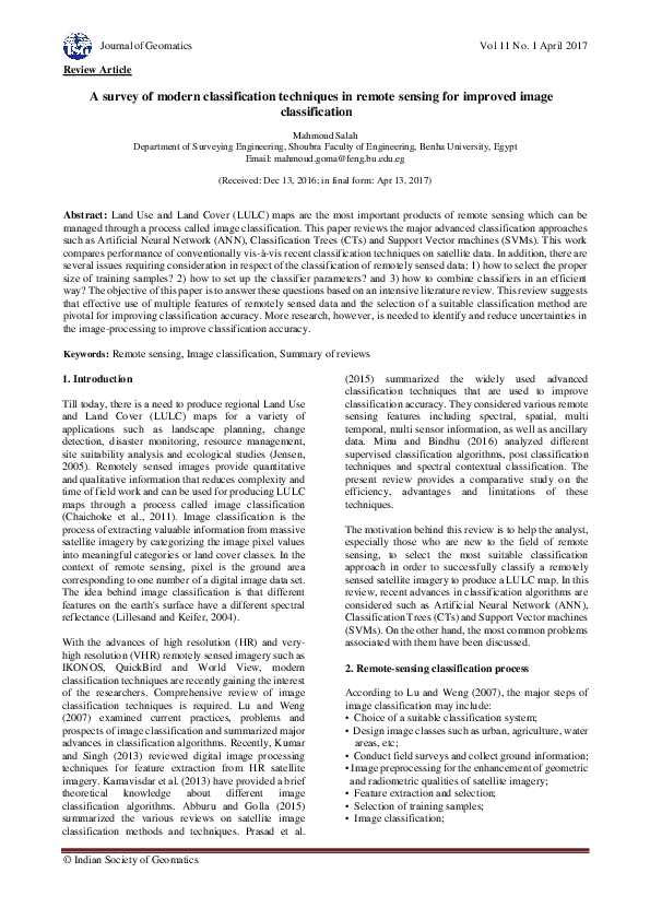(PDF) A survey of modern classification techniques in remote sensing ...
