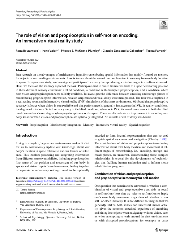 (PDF) The role of vision and proprioception in self-motion encoding: An ...