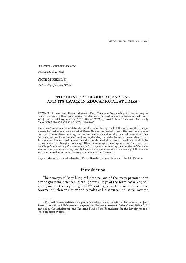 (PDF) The Concept of Social Capital and Its Usage in Educational STUDIES1