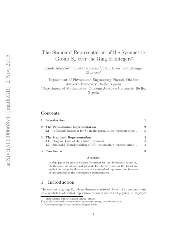 (PDF) The Standard Representation of the Symmetric Group $S_n$ over the ...