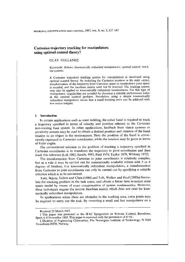 (PDF) Cartesian Trajectory Tracking for Manipulators Using Optimal ...