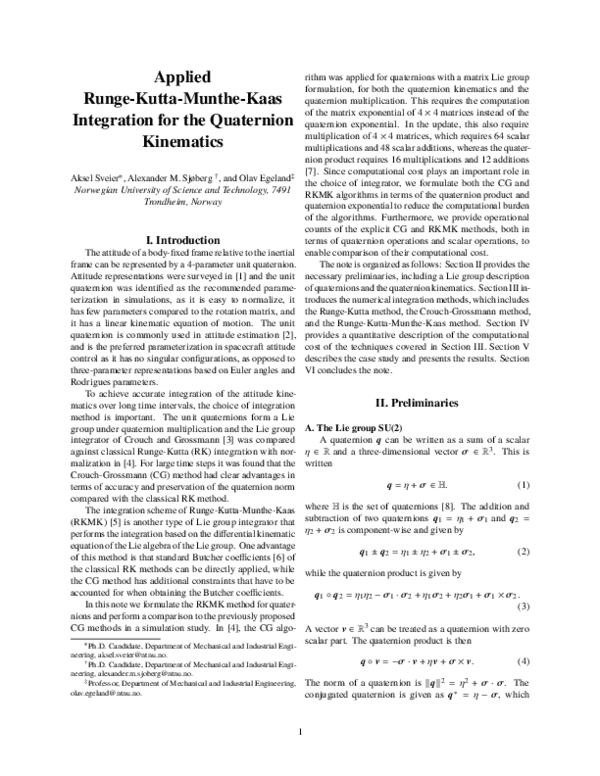 (PDF) Applied RungeKuttaMuntheKaas Integration for the Quaternion