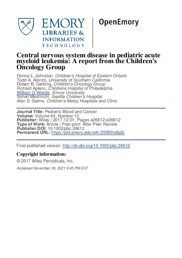 (PDF) Central nervous system disease in pediatric acute myeloid ...