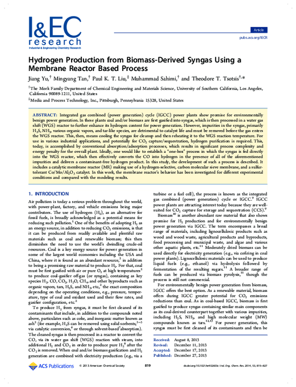 (PDF) Hydrogen Production from Biomass-Derived Syngas Using a Membrane ...
