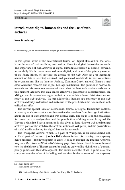 (PDF) Introduction: digital humanities and the use of web archives