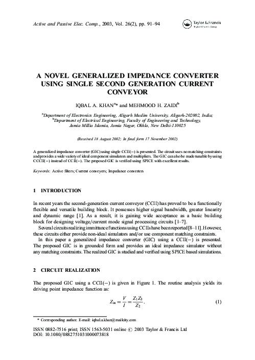 (PDF) A Novel Generalized Impedance Converter Using Single Second ...