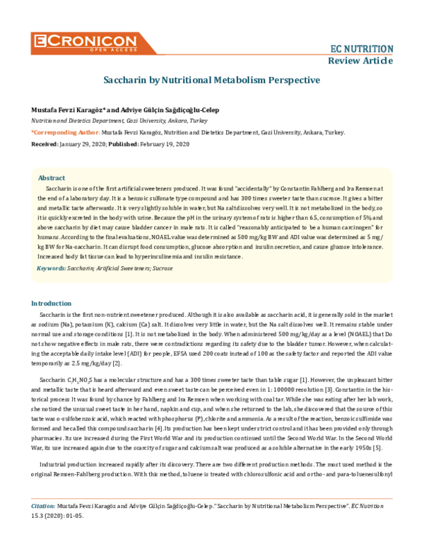 (PDF) Saccharin by Nutritional Metabolism Perspective Gülçin Celep