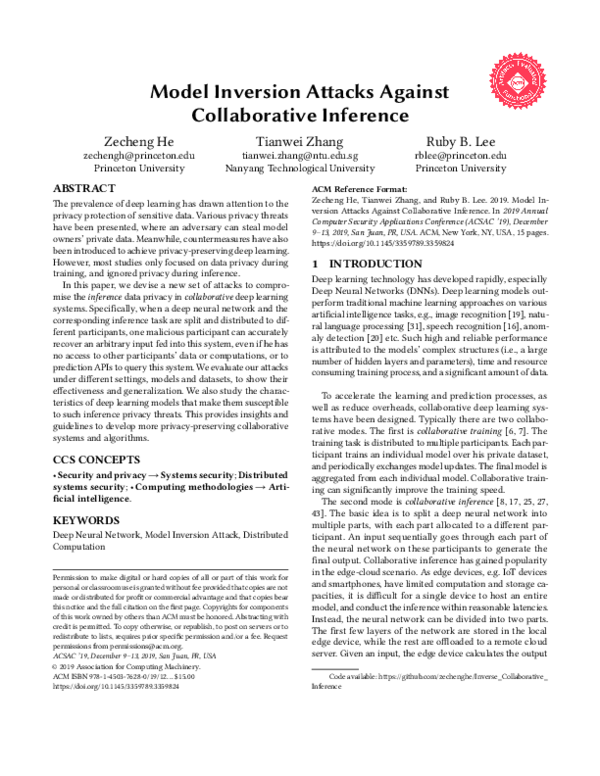 (PDF) Model inversion attacks against collaborative inference