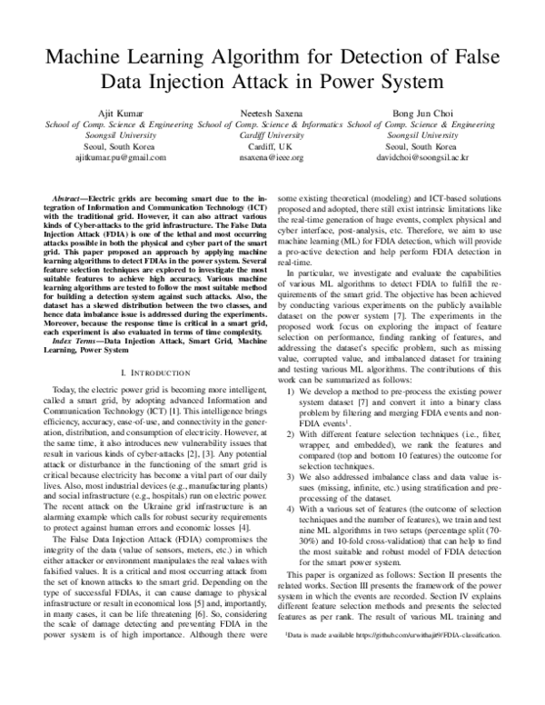 (PDF) Machine Learning Algorithm for Detection of False Data Injection