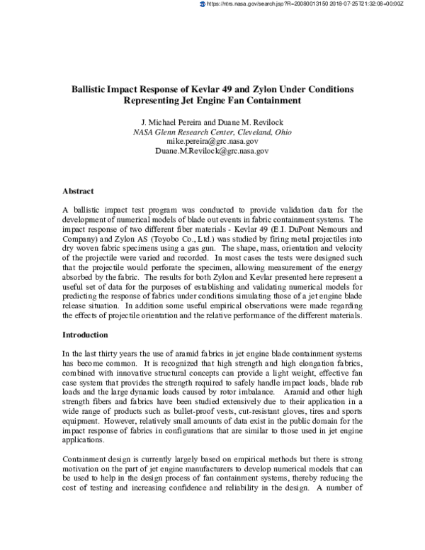 (PDF) Ballistic Impact Response of Kevlar 49 and Zylon under Conditions ...