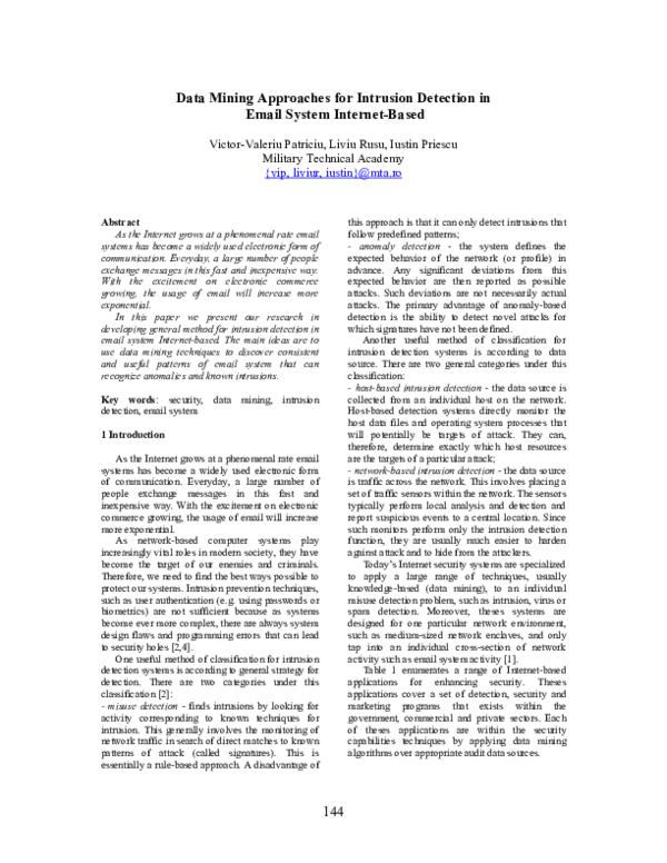 (PDF) Data Mining Approaches for Intrusion Detection in Email System ...