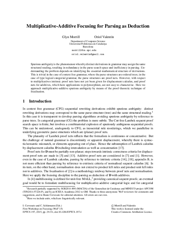 (PDF) Multiplicative-Additive Focusing for Parsing as Deduction
