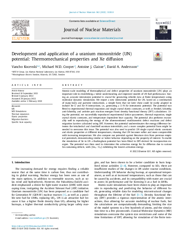 (PDF) Development and application of a uranium mononitride (UN